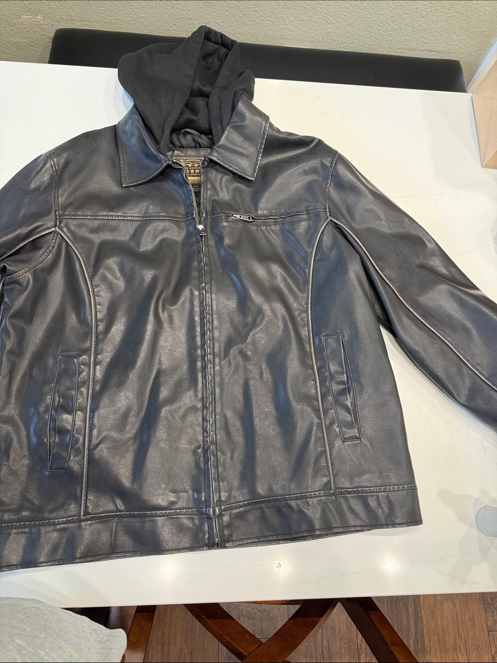 Arizona Jean Company Black Faux Leather Jacket with Hooded Insert